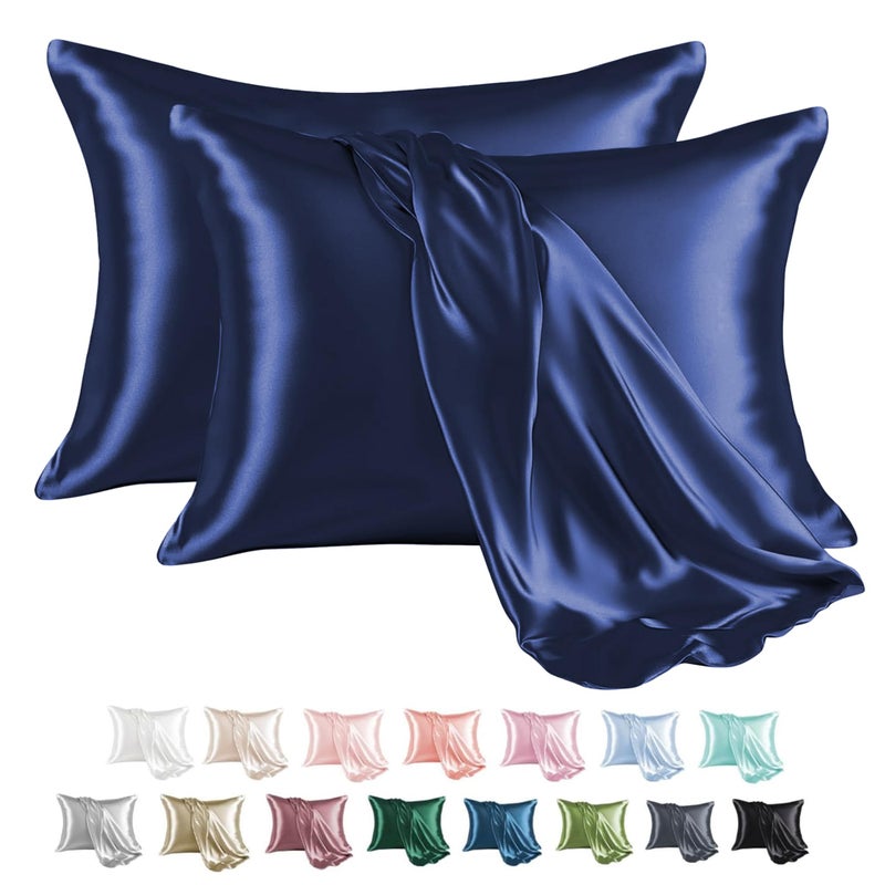 MR&HM Satin Pillowcase for Hair and Skin, Silk Satin Pillowcase 2 Pack, King Size Pillow Cases Set of 2, Silky Pillow Cover with Envelope Closure (20x40, Navy Blue) - Image 1